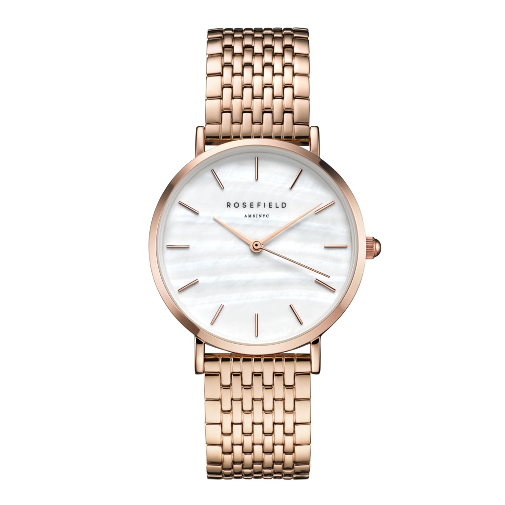 【Rosefield】紐約時尚手錶女錶現貨，首賣特價85折，珍珠白玫瑰金金屬鍊條錶帶，錶面33mm可用於Cluse