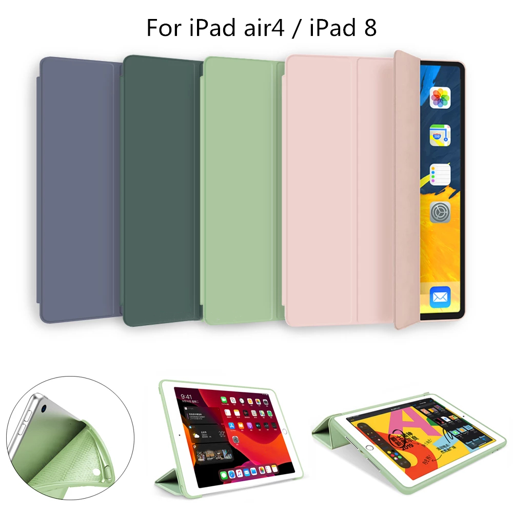 iPad Air 4 PU皮革三折支架 軟矽膠平板電腦保護套 適用iPad 8 自動睡眠/喚醒 智能保護套