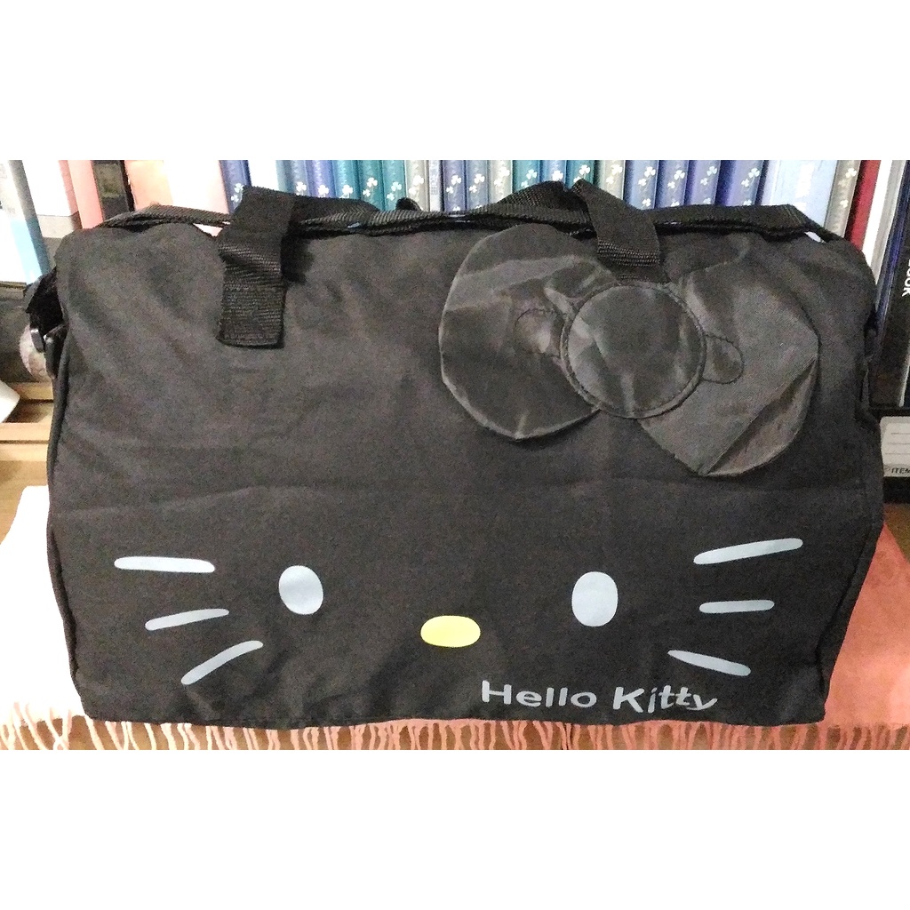 現貨 正版（雷標）Hello Kitty 45cm 帆布 收納旅行袋／手提+背帶（新品，黑色款）