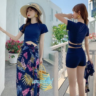 小白代購/43吋臀圍韓版民俗風椰葉圖騰有袖泳衣三件式泳裝/波希米亞南洋風浪漫溫泉外罩裙泳衣