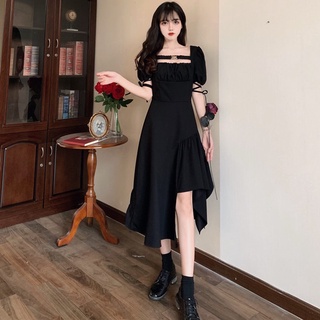 愛依依 大碼洋裝 連身裙 M-4XL新款小黑裙小眾設計感不規則大碼泡泡袖裙子2F046-5569.