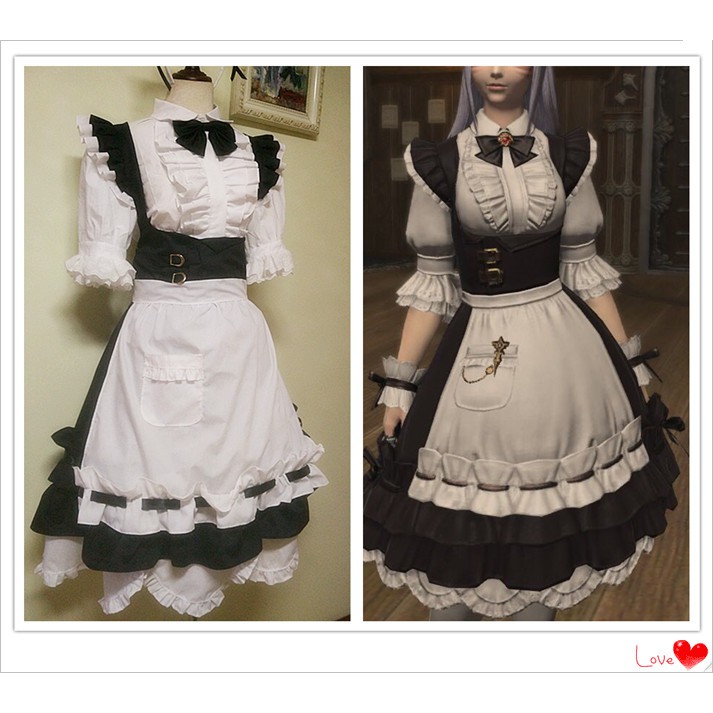 日韓可訂製大蝴蝶結棉質舒適貼身宮廷氣質托胸束腰中長款女僕套裝cosplay最終幻想ff14 日常女僕裝華麗套裙 蝦皮購物