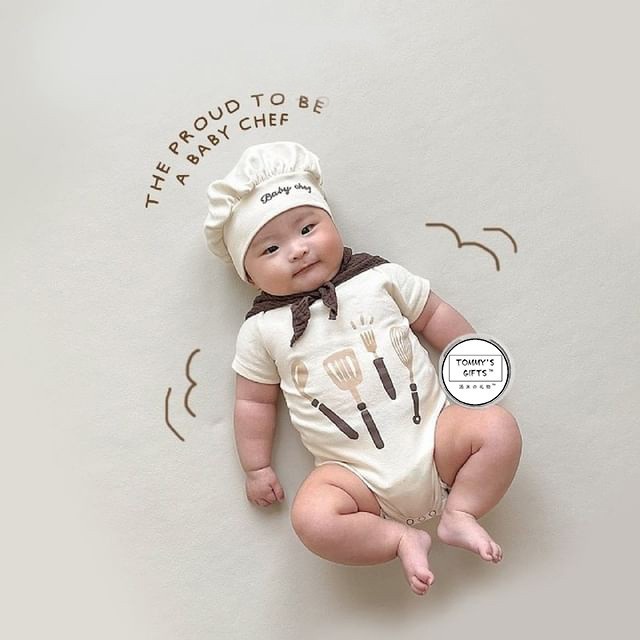 小厨師造型套裝嬰兒爬服可愛短袖包屁衣帶帽子新生兒嬰兒套裝 0-2 歲