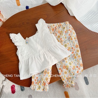 韓國ins童裝 女童套裝夏季可愛時髦套裝寶寶新款純棉背心洋氣碎花防蚊褲兩件套