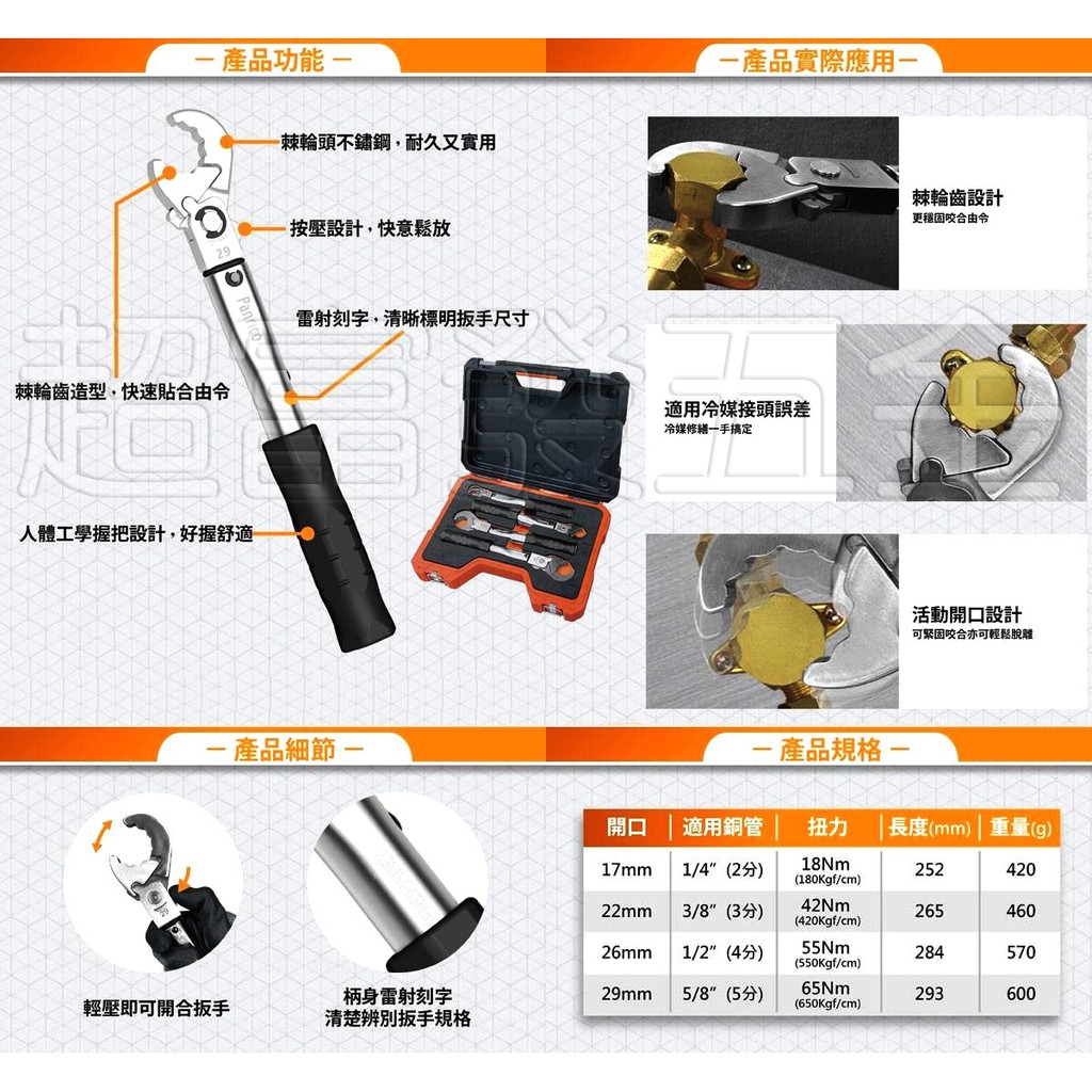 超富發五金 新冷媒 R410A R32 專用 4件式固定扭力棘輪扭力扳手 冷氣銅管扭力扳手組 冷氣冷凍空調銅管接頭 專用