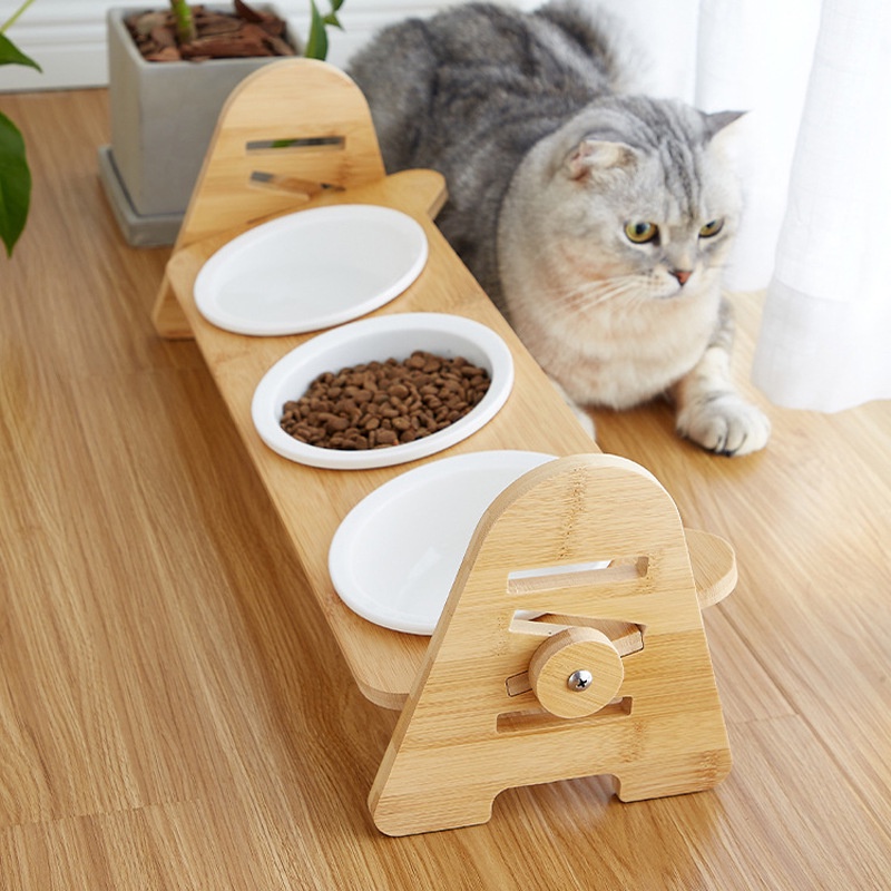 【招財貓】Q-pet 竹木陶瓷餐桌 三碗&lt;含碗架、3個碗&gt;』碗 狗碗 貓碗 陶瓷碗 貓咪 狗狗