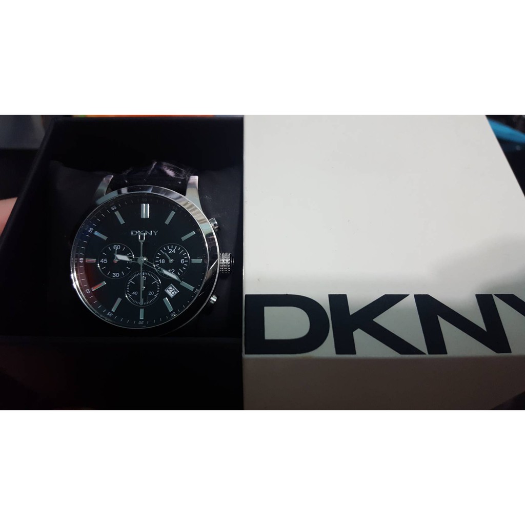DKNY 腕錶 手錶 真皮 皮錶帶 三眼計時 NY1472  銀黑色 二手