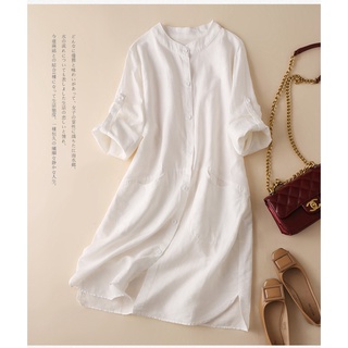 立領白色長襯衫裙 大尺碼女裝2022新款襯衫 洋裝洋氣時尚中長款棉麻上衣