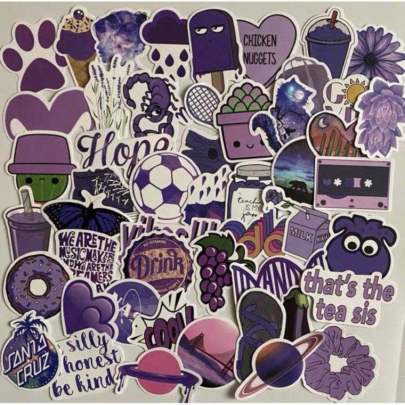[台灣現貨] 50張紫色卡通塗鴉貼紙  行李箱/水杯/滑板/手機/牆面 防水裝飾貼紙