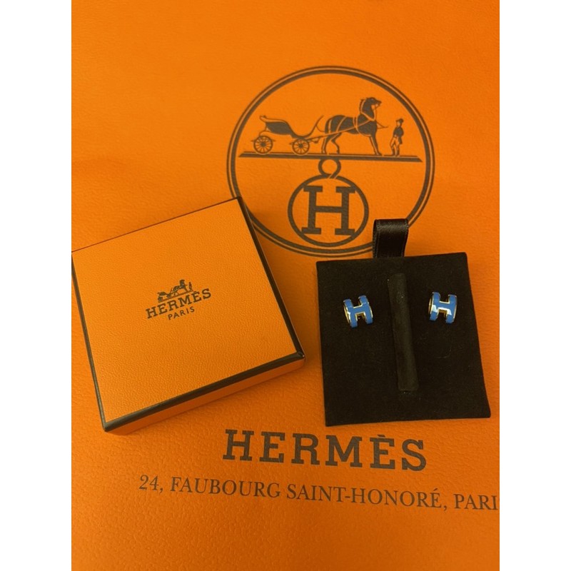 《全新正品》Hermes 愛馬仕經典Mini Pop H立體簍空橢圓LOGO耳環 耳針~藍&amp;玫瑰金