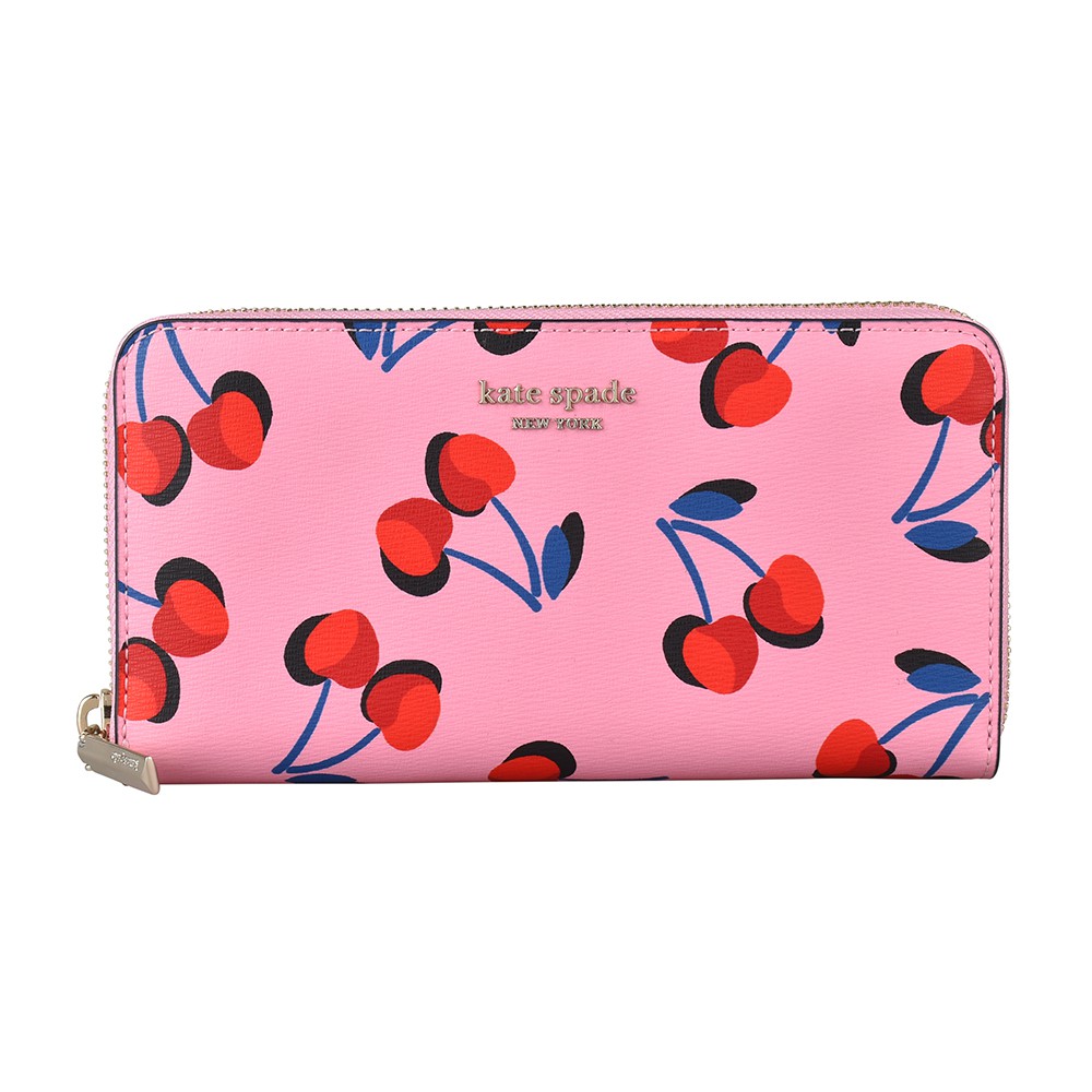 Kate Spade Spencer Cherries金字LOGO櫻桃設計牛皮 12卡拉鍊長夾(粉紅)