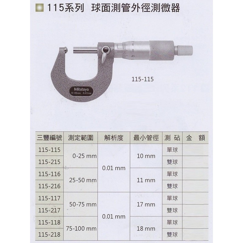 日本三豐mitutoyo 115 115 球面測管外徑測微器球面測管外徑分厘卡0 25mm 價格請來電或留言洽詢 蝦皮購物