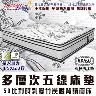 【布拉琪床墊】保羅 五線獨立筒床墊 比利時乳膠竹炭護背款 親膚舒柔布 適中微軟推薦 單人床加大3.5尺 十年保固 免運費