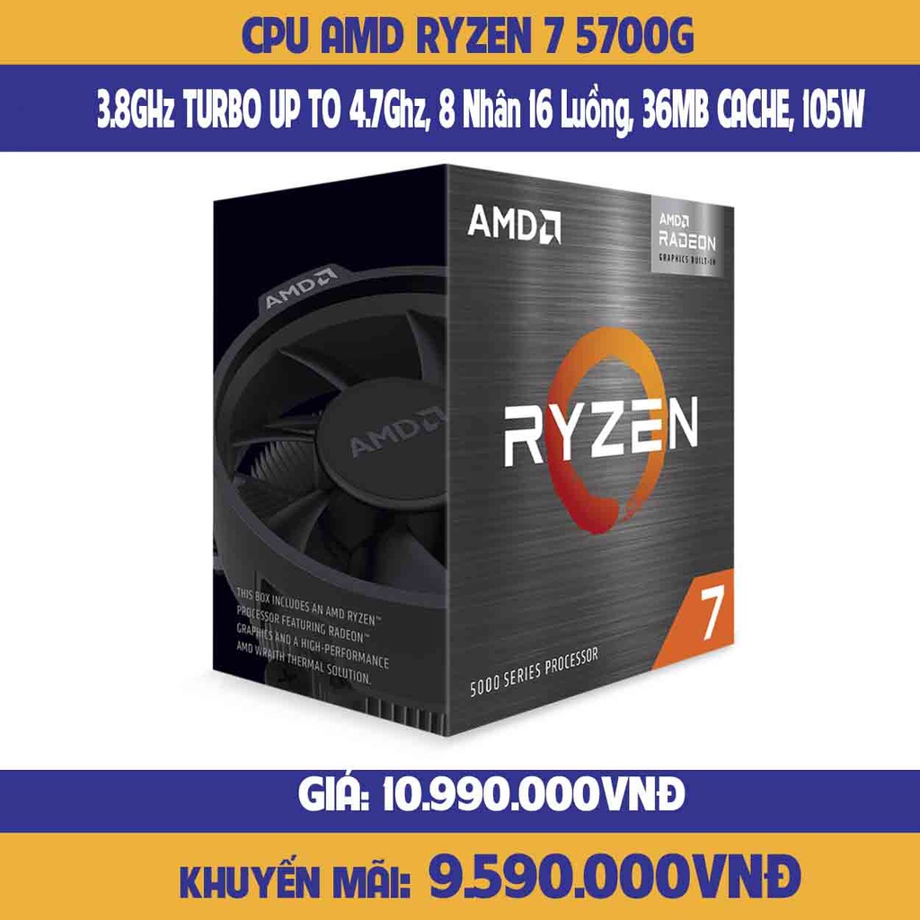 Cpu AMD 銳龍 7 5700G(3.8 GHz 高達 4.7GHz / 36MB / 8 核,16 線程 / 10