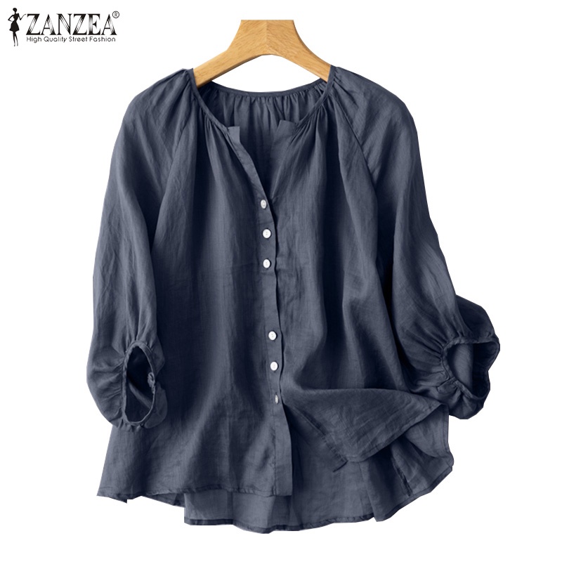 Zanzea 女式 O 領 3/4 泡泡袖休閒寬鬆鈕扣前襟襯衫