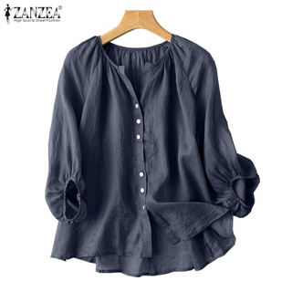 Zanzea 女式 O 領 3/4 泡泡袖休閒寬鬆鈕扣前襟襯衫