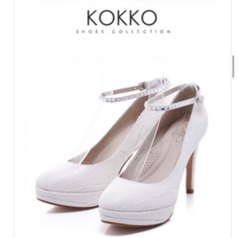 近9.5成新 KOKKO手工婚鞋 水鑽繫帶防水台高跟鞋 蕾絲白 25.5