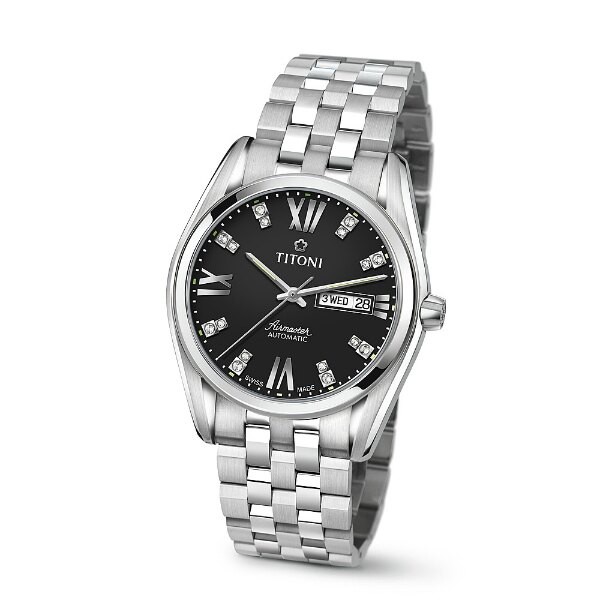 TITONI 瑞士梅花錶 93709S-386 空中霸王雙日曆機械腕錶/黑面 40mm