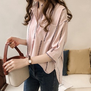 【Joybuy】韓系夏季新款韓版寬松條紋襯衫女裝七分袖上衣襯衫 臺灣出貨