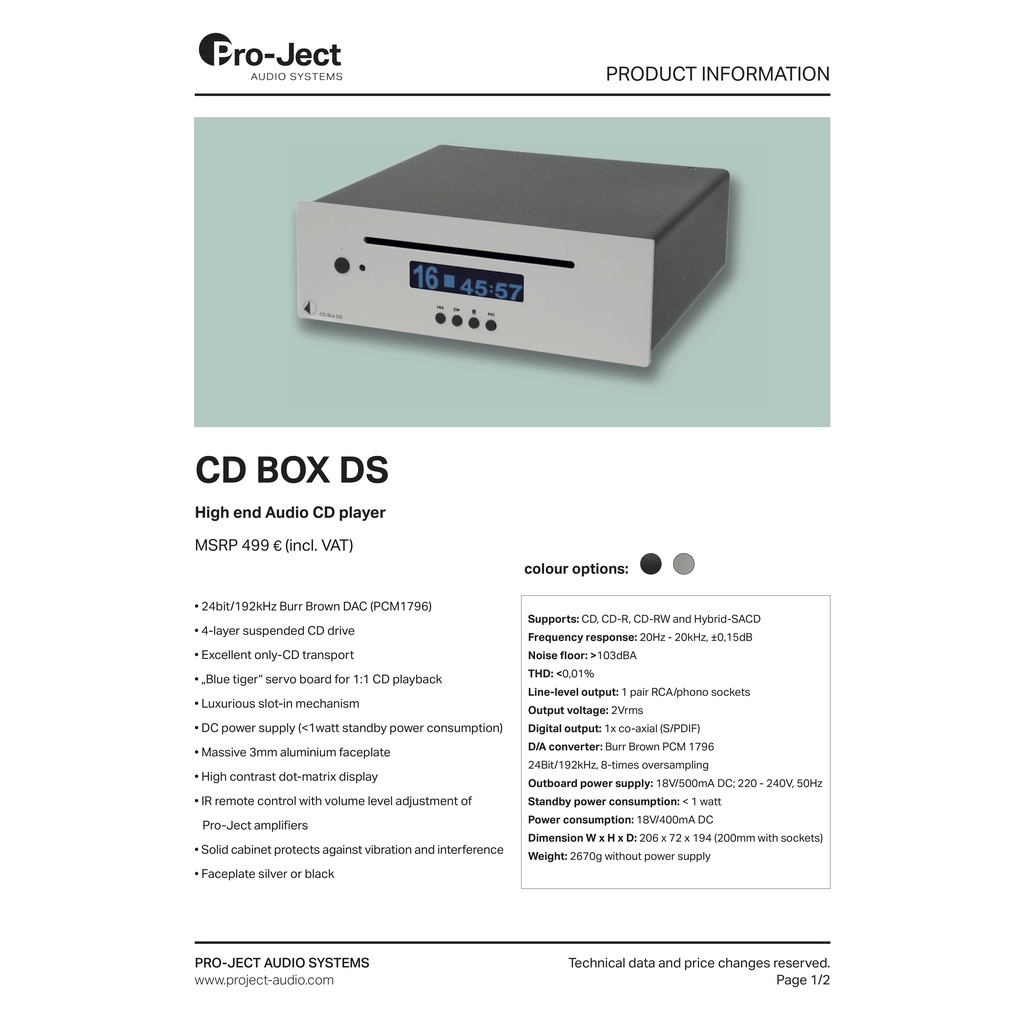 [ 沐耳 ] 奧地利 Pro-Ject CD / SACD 播放機 / 轉盤 CD BOX DS（PCM 1796）