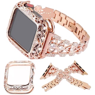 鋁合金皓石精工錶帶套裝適用於Apple watch手錶帶保護殼女生41/42/44/45mm表框奢華