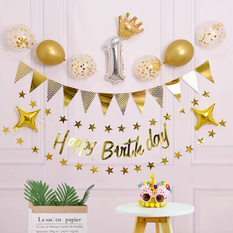 現貨 燙金生日佈置旗 燙金生日字母生日佈置生日快樂拉旗生日氣球三角旗週歲佈置布條掛旗星星掛飾生日 蝦皮購物