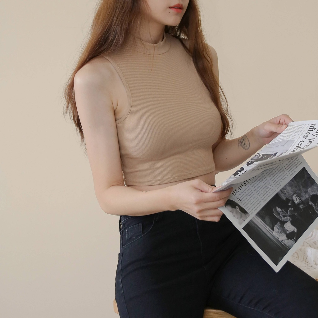 【Our Studio】歐美小性感微高領削肩短版背心 黑色 深灰色 咖啡色 卡其色(現貨)