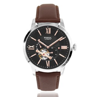 FOSSIL | 羅馬數字 黑麵 真皮錶帶 鏤空機械腕錶- 黑x玫瑰金 ME3061