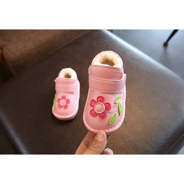 《B68》粉紅花卉公主短靴(20碼_內長14_1-2歲) 全新 現貨 加絨 保暖 嬰兒鞋 女童 防水 軟底 雪靴 皮鞋