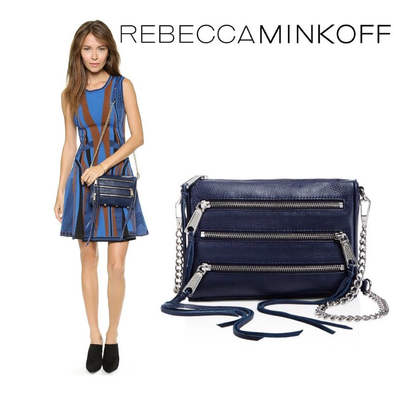 美國【Rebecca Minkoff】mini 深藍色真皮經典鏈帶機車包
