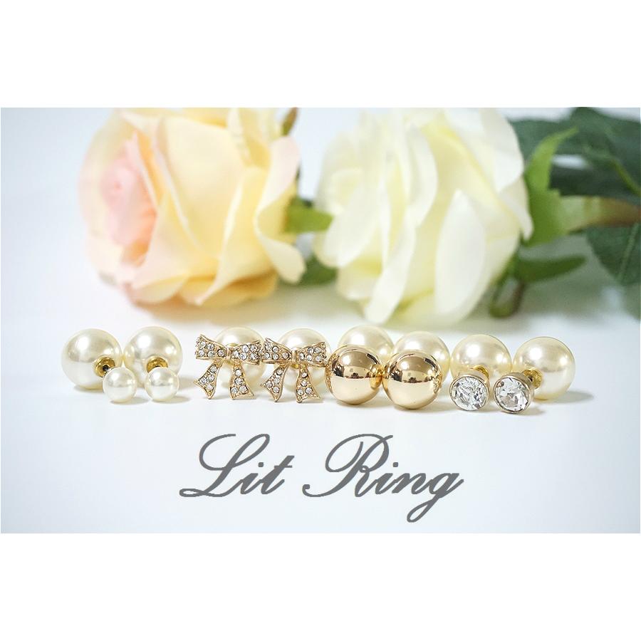 【Lit Ring】珍珠雙面戴耳環。立體白色珍珠 亮金色圓球 水鑽 蝴蝶結 正反戴 耳環 耳針 質感 飾品