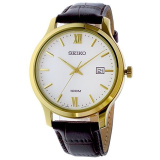 SEIKO WATCH 精工簡約復古金框白面日期咖啡色皮帶紳士石英腕錶 型號：SUR226P1