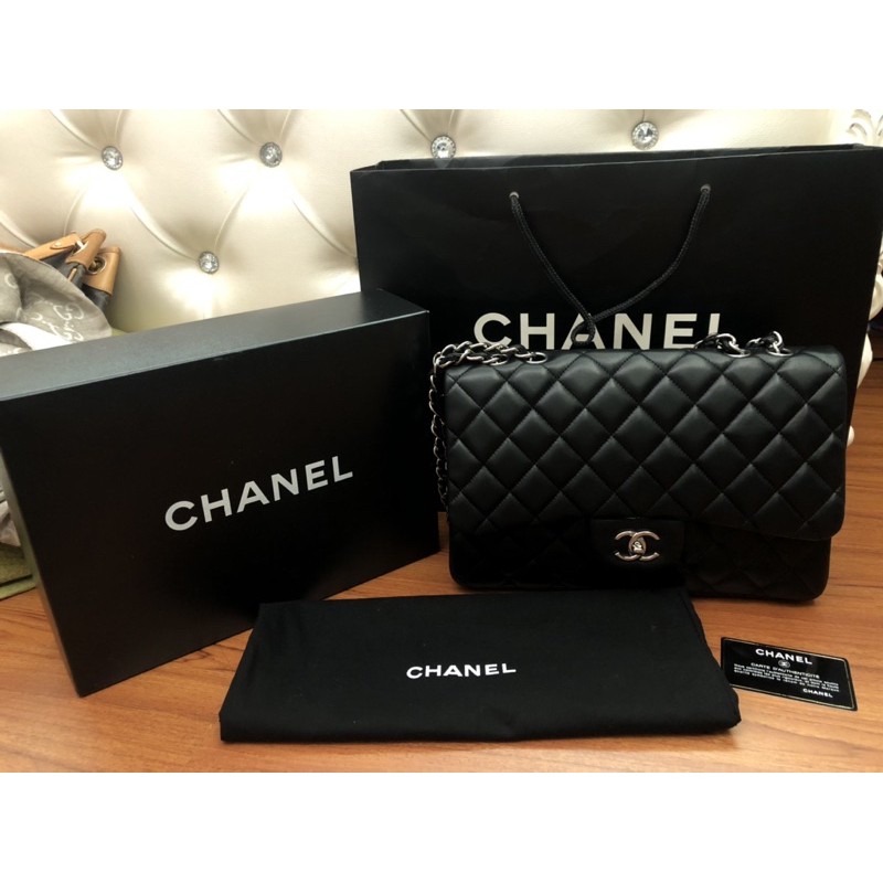 （已售）正品CHANEL JUMBO COCO 30CM 香奈兒黑色羊皮絕版單蓋銀鍊肩背包