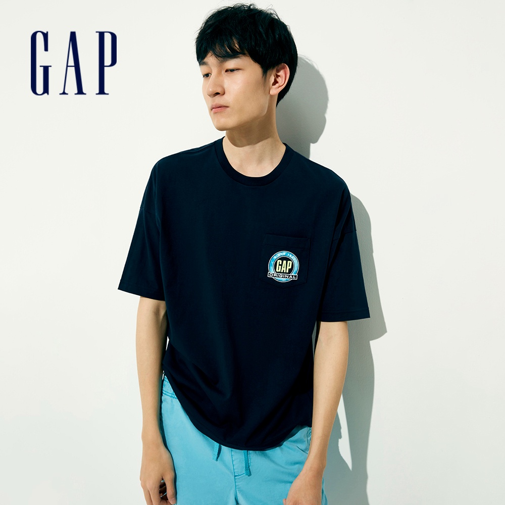 Gap 男女同款 Logo口袋純棉短袖T恤 厚磅密織親膚系列-海軍藍(701144)