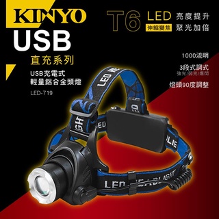 【公司貨含稅】KINYO 耐嘉 外接式充電輕量LED變焦頭燈 LED頭燈 1入 LED-719