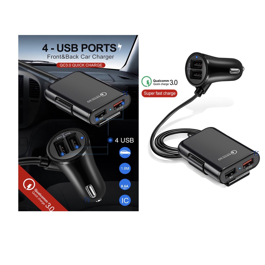 汽車配件專區 背夾式usb 4孔車用充電器後座車充1 8米36w 8a Qc3 0 4usb 後座背夾車充 蝦皮購物