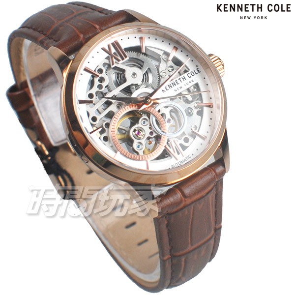 Kenneth Cole 羅馬風情 雙面鏤空 腕錶 自動上鍊機械錶 女錶 玫瑰金x咖啡 真皮錶帶 KC50984013