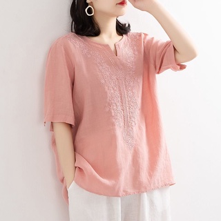 純棉v領夏季新款棉麻襯衫 女文藝寬松套頭刺繡短袖t恤女繡花上衣潮