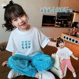 韓版女童休閒套裝 網紅時髦 純棉女童套裝2022新款網紅女孩短袖T恤防蚊褲兩件套兒童運動套裝