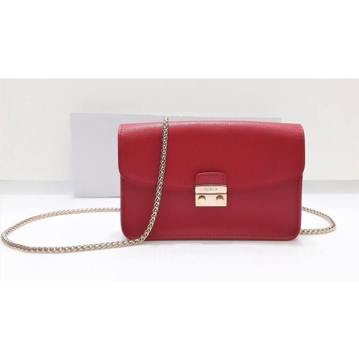 FURLA Julia mini 全新正品 經典紅色 防刮牛皮 金色練帶 小方包 斜背包