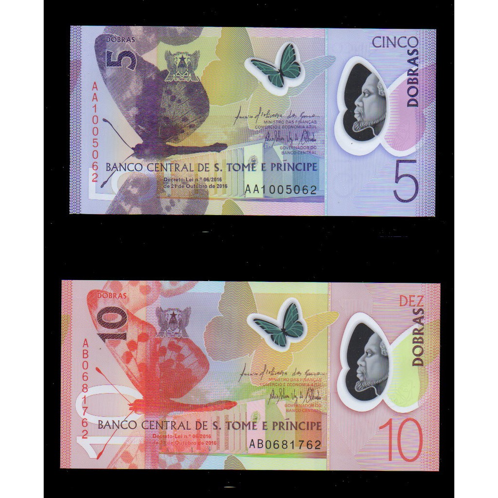 【低價外鈔】聖多美普林西比2018 (2018)年5-10Dobras塑膠鈔二枚一組，最新發行~