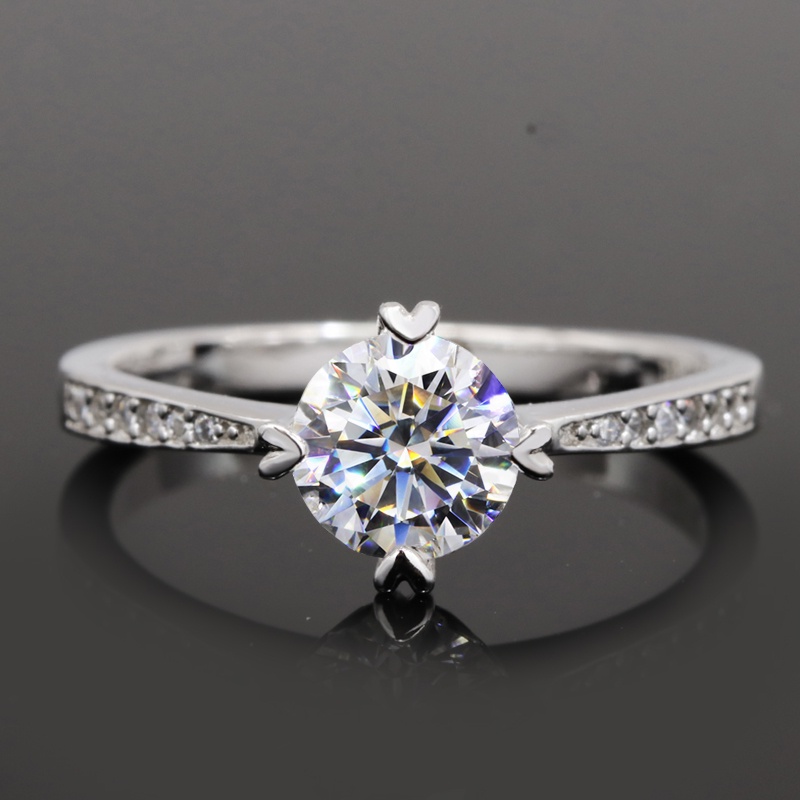 時尚 1 克拉 GRA 證書莫賽特鑽石戒指圓形萬億切割 8 心和 8 箭純銀 925 莫桑石戒指