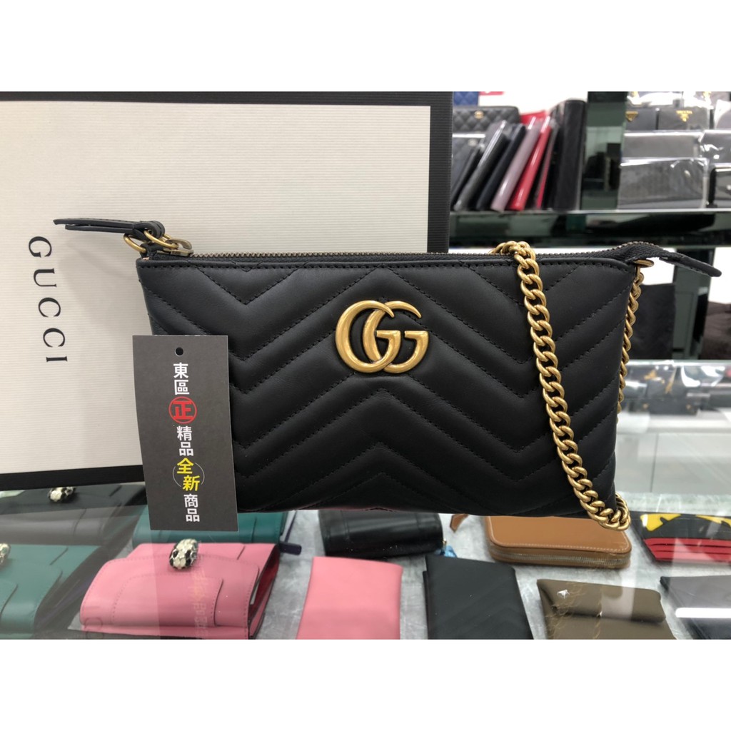 東區正精品㊣GUCCI 443447全新黑色全皮W紋GG金釦 MARMONT 拉鍊斜背包 RA0860