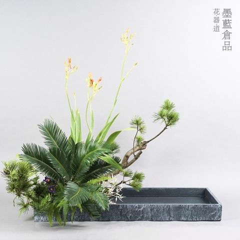 花器#墨藍花器道長方形特大水泥插花器皿中式插花寫景日式花道超大花盆