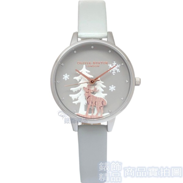 OLIVIA BURTON OB16AW02 冬季仙境 雪地雄鹿 淺灰色環保錶帶 女錶