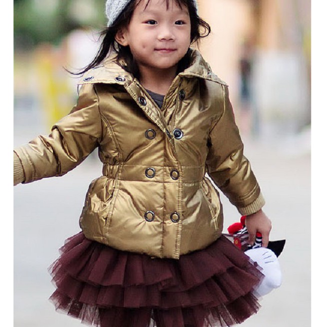 【DJ媽咪】歐美品牌 兒童 防風 立領 雙排扣 連帽 防風 太空衣 大衣  風雨衣 金色