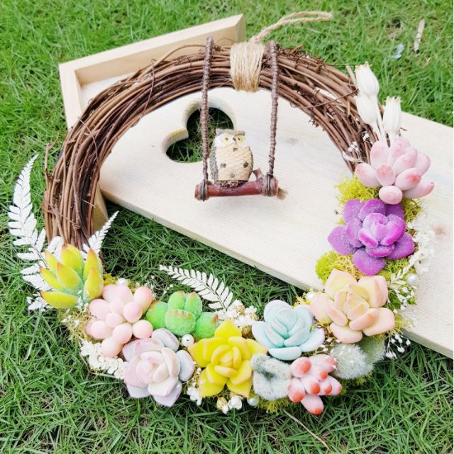 貓頭鷹守護 新月仿真軟陶多肉花圈 藤圈 蝦皮購物