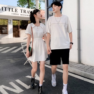 【COUPLE】❤❤情侶裝夏裝套裝2021潮流短袖T恤你衣我連衣裙子兩件套小眾設計感