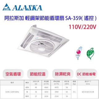 阿拉斯加 SA-359 110V/220V 輕鋼架 循環扇 附遙控器 空氣循環扇 另售DC款 359