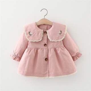 童裝秋季女童外套韓版甜美女童風衣蕾絲領刺繡 0-3 歲兒童夾克